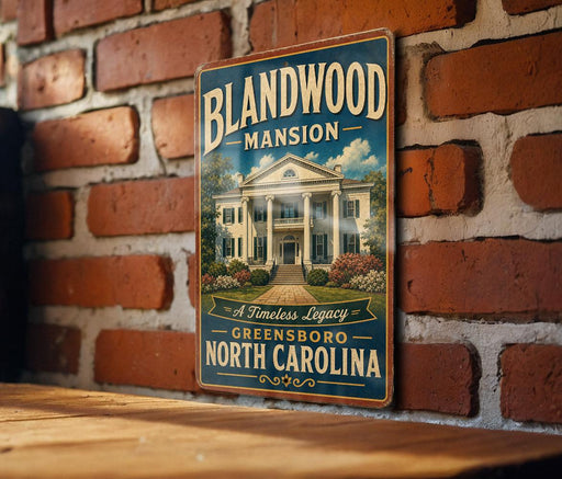 A vintage-style sign for the Blandwood Mansion, a historic home located in Greensboro, North Carolina.