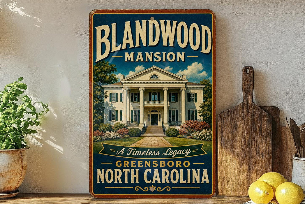 A vintage-style sign for the Blandwood Mansion in Greensboro, North Carolina, featuring a large illustration of the mansion surrounded by trees and a well-manicured lawn.
