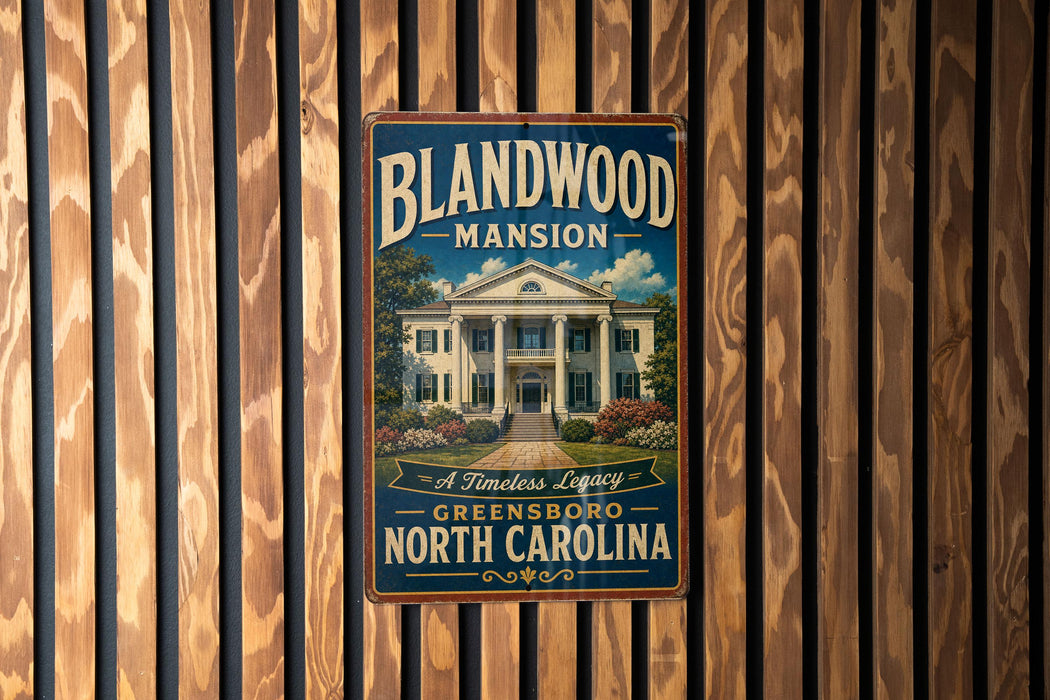 A vintage-style metal sign for the Blandwood Mansion in Greensboro, North Carolina, featuring a large illustration of the mansion surrounded by trees and a well-manicured lawn.