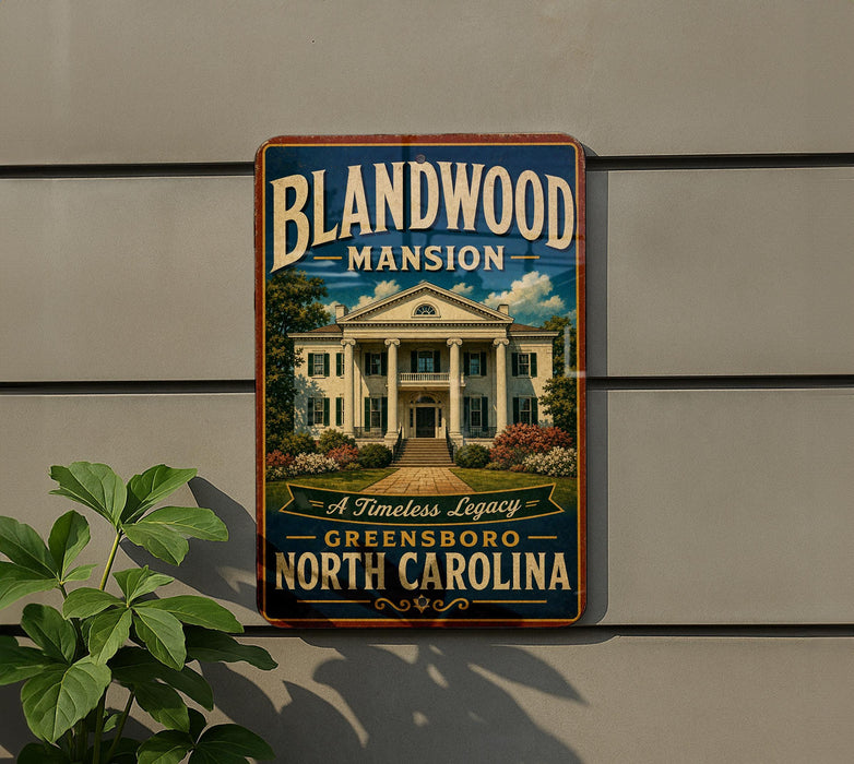 A vintage-style sign for the Blandwood Mansion, a historic mansion located in Greensboro, North Carolina.
