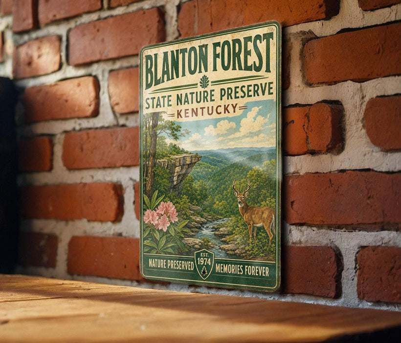 A vintage-style sign for Blanton Forest State Nature Preserve in Kentucky, featuring a scenic illustration of a forest landscape with a deer and a waterfall.
