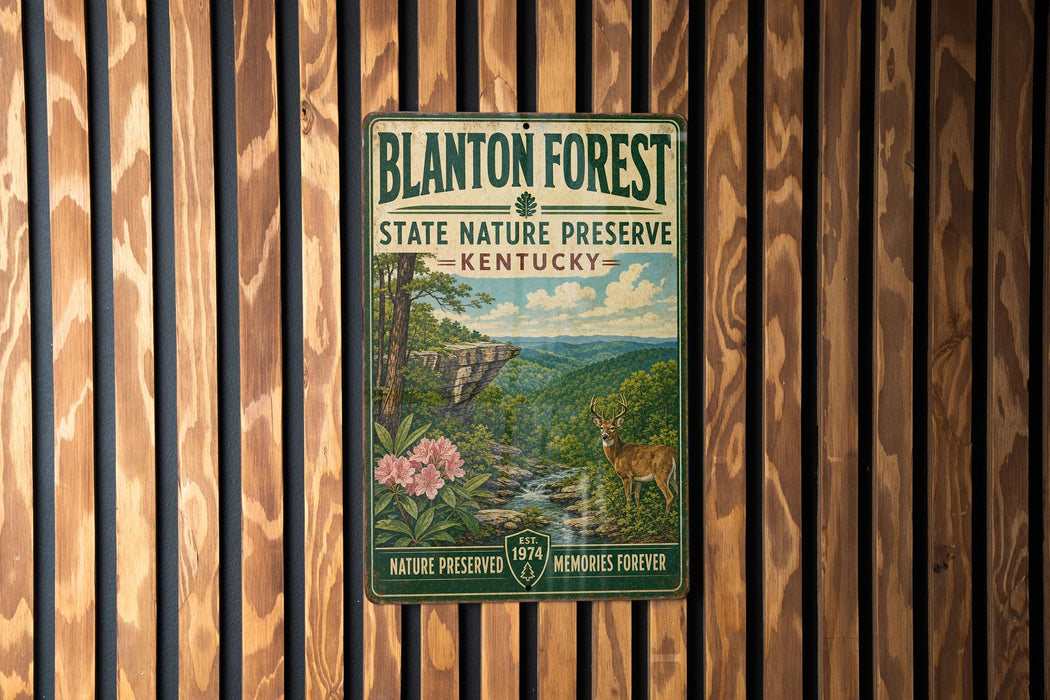 A vintage-style sign for Blanton Forest State Nature Preserve in Kentucky, featuring a scenic illustration of a forest, a deer, and a waterfall.