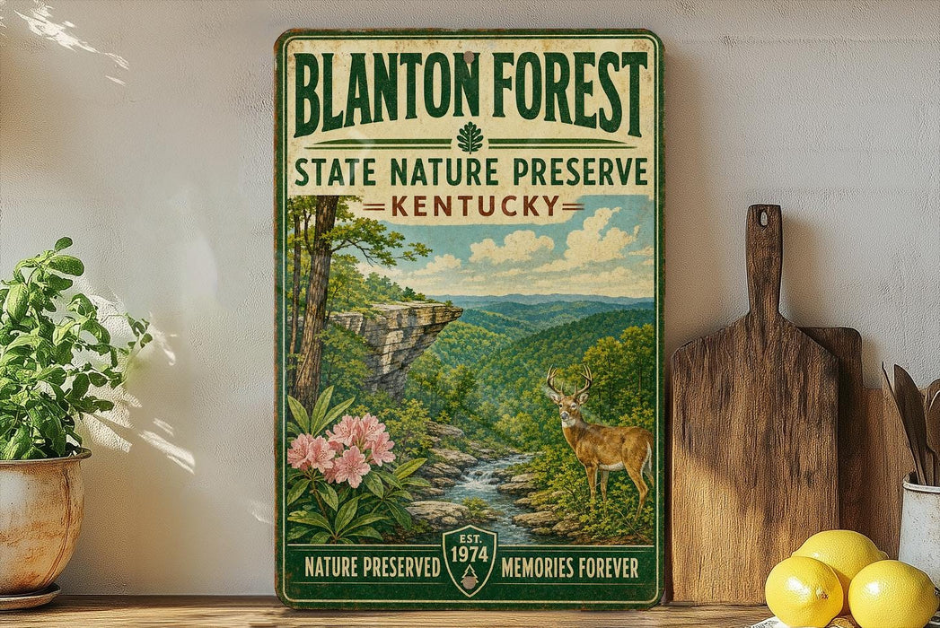 A vintage-style metal sign for Blanton Forest State Nature Preserve in Kentucky, featuring a scenic illustration of a forest, a deer, and a waterfall.