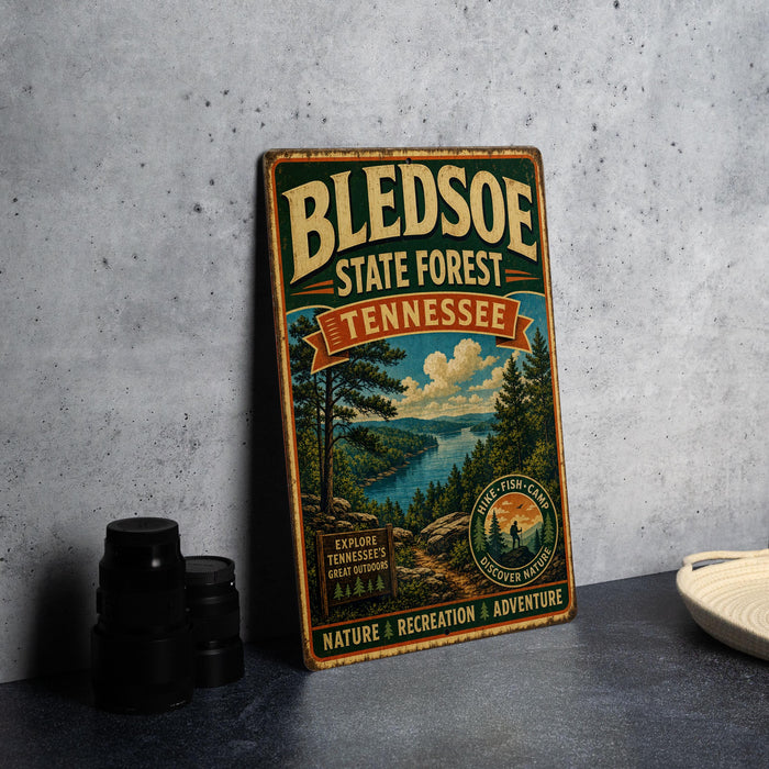 A vintage-style metal sign for the Bledsoe State Forest in Tennessee, featuring a scenic landscape with a river and pine trees.