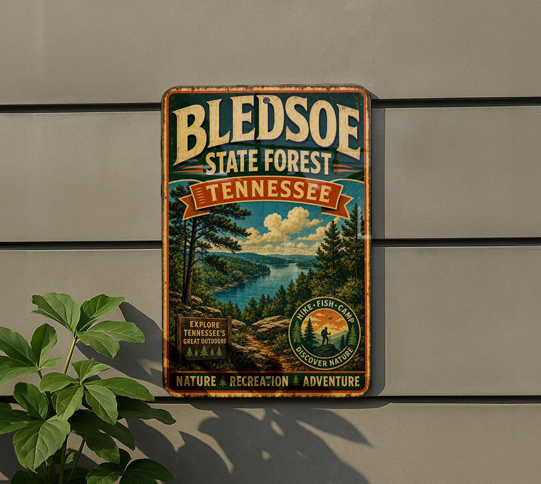 A vintage-style metal sign for the Blendedoe State Forest in Tennessee, featuring a scenic landscape with a river, mountains, and pine trees.