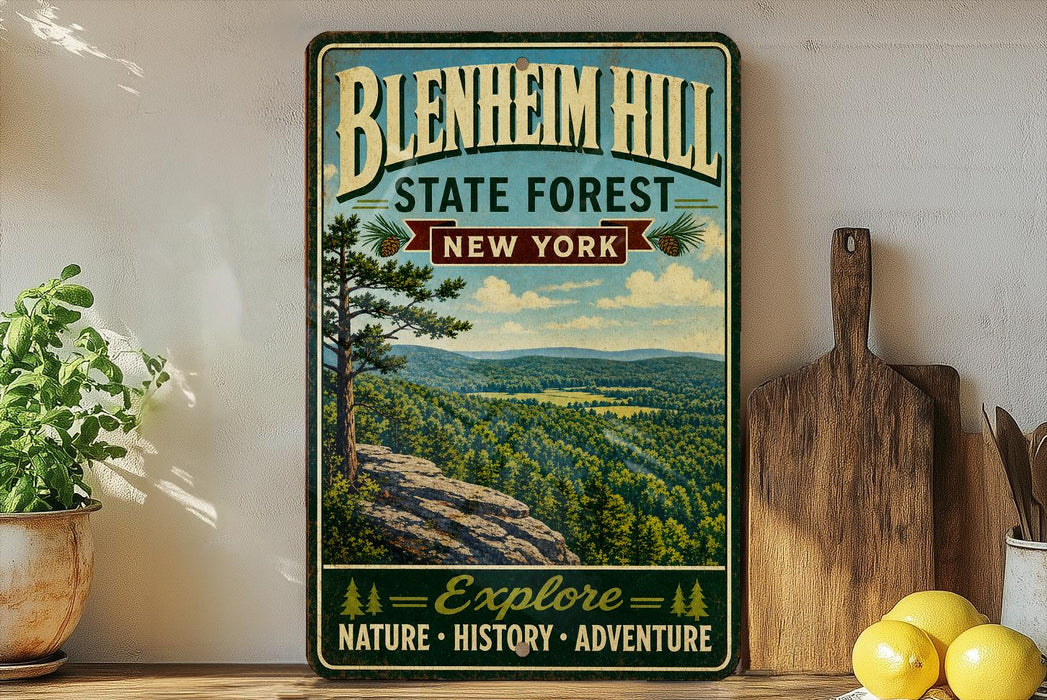 A vintage-style metal sign for Blenheim Hill State Forest in New York, featuring a scenic landscape with pine trees and mountains.