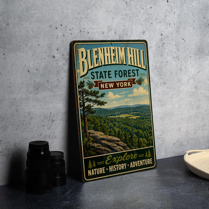 A vintage-style metal sign for Blenheim Hill State Forest in New York, featuring a scenic landscape with pine trees and a mountain range.