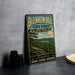 A vintage-style metal sign for Blenheim Hill State Forest in New York, featuring a scenic landscape with pine trees and a mountain range.