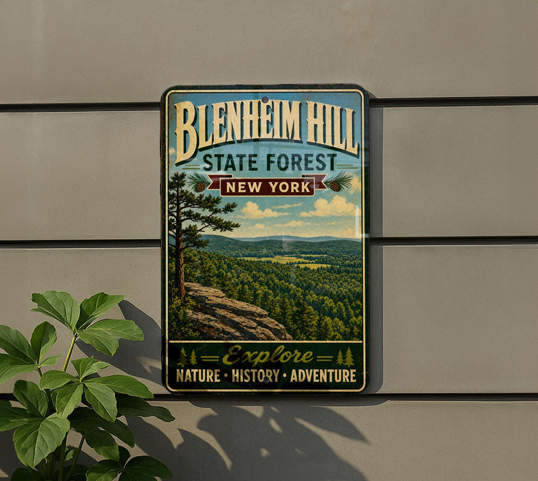 A vintage-style metal sign for Blenheim Hill State Forest in New York, featuring a scenic landscape with pine trees and a mountain.