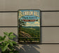 A vintage-style metal sign for Blenheim Hill State Forest in New York, featuring a scenic landscape with pine trees and a mountain.