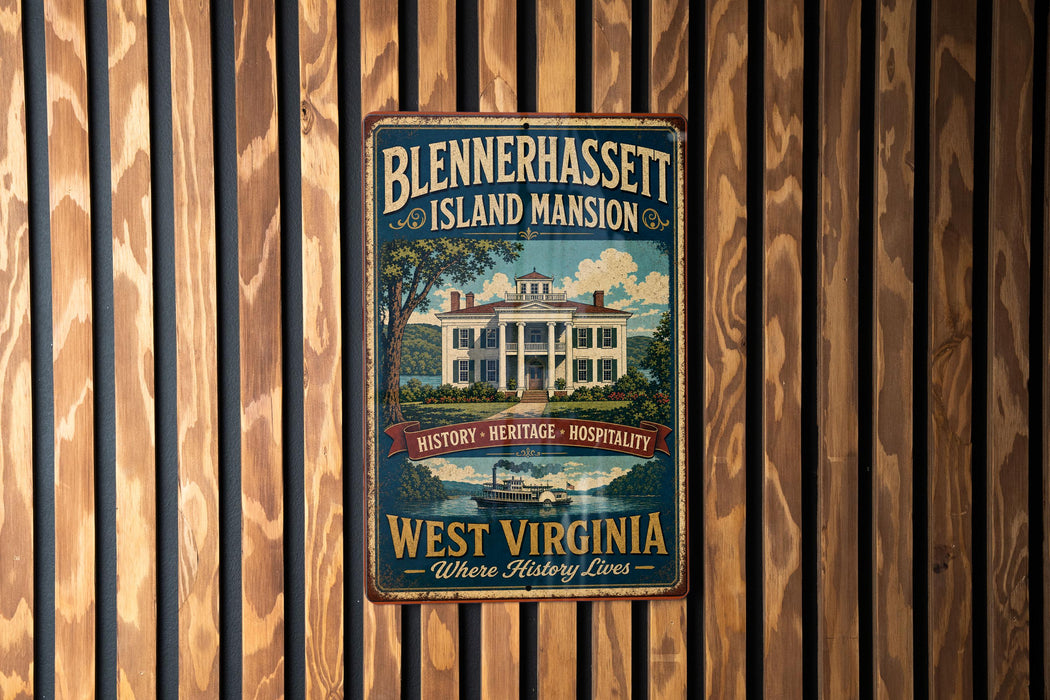 A vintage-style metal sign for Blennerhaslett Island mansion in West Virginia, featuring an illustration of the mansion and a river.