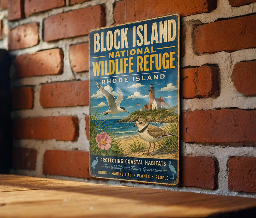 A vintage-style sign for the Block Island National Wildlife Refuge in Rhode Island, featuring a seagull and a lighthouse, mounted on a brick wall.