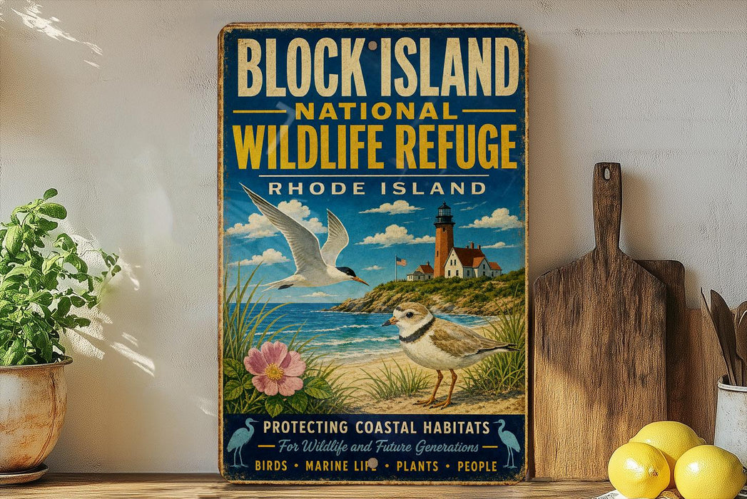 A vintage-style sign for the Block Island National Wildlife Refuge in Rhode Island, featuring illustrations of birds, a lighthouse, and a beach scene.
