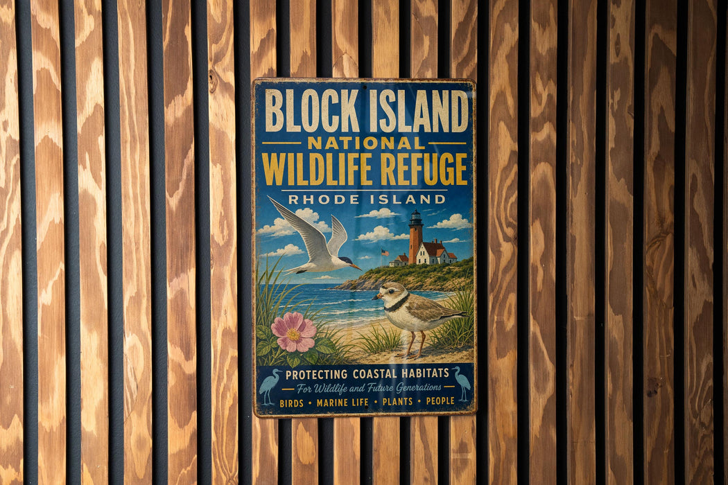 A vintage metal sign for the Block Island National Wildlife Refuge in Rhode Island, featuring a seagull, lighthouse, and coastal plants, mounted on a wooden wall.