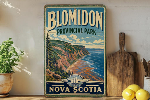 A vintage-style metal sign for Blomidon Provincial Park in Nova Scotia, featuring a scenic coastal landscape with cliffs, trees, and a ship.