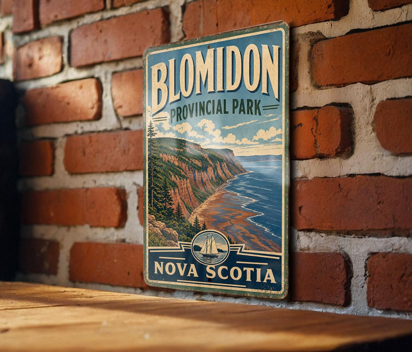 A vintage-style metal sign for Blomidon Provincial Park in Nova Scotia, featuring a scenic coastal landscape with cliffs and a body of water.