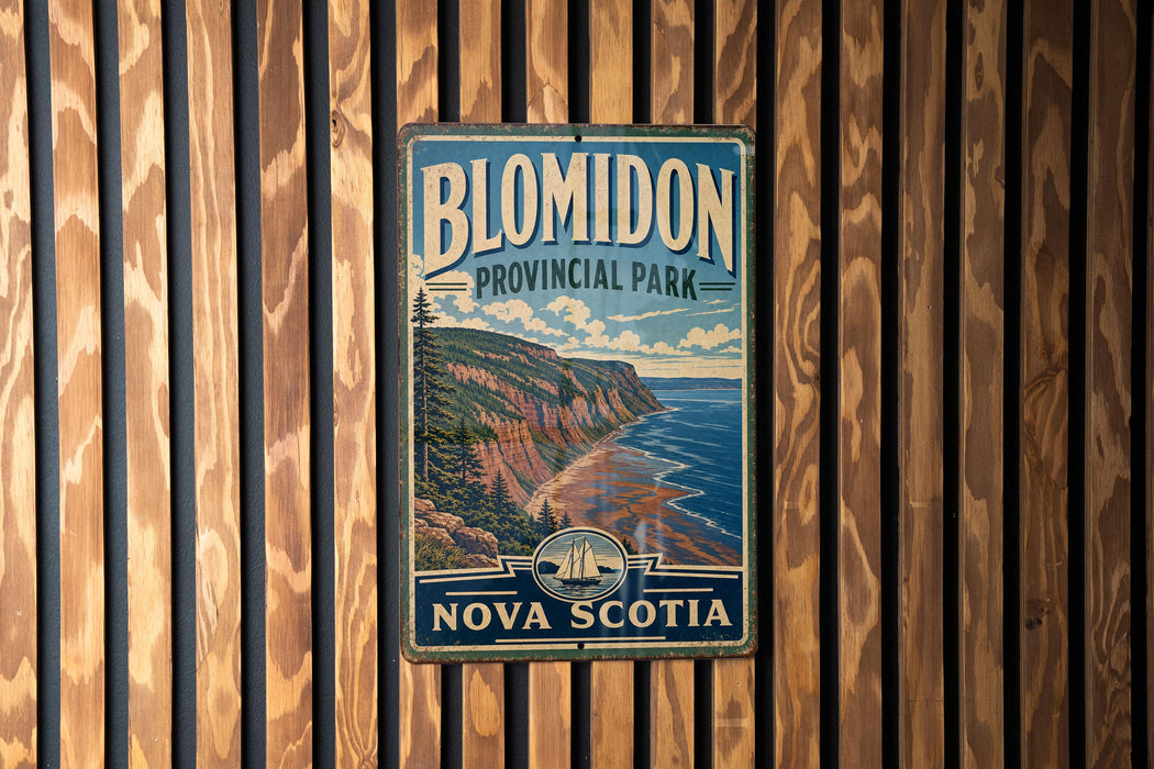 A vintage metal sign for Blomidon Provincial Park in Nova Scotia, Canada, featuring a scenic coastal landscape with cliffs and a beach.