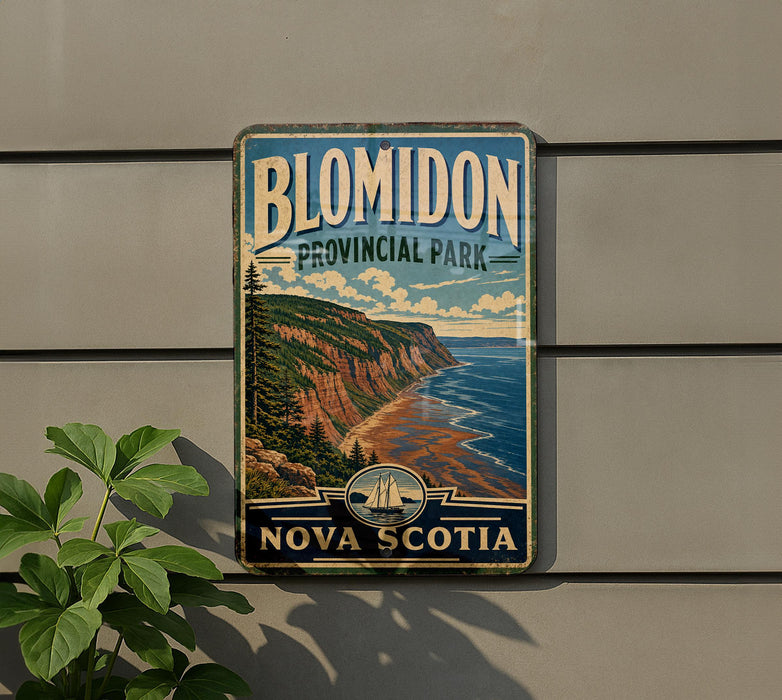A vintage-style sign for Blomidon Provincial Park in Nova Scotia, featuring a scenic coastal landscape with cliffs and a beach.