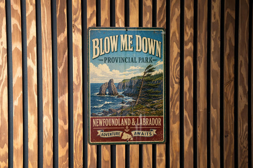 A vintage-style metal sign with the text "BLOW ME DOWN PROVINCIAL PARK NEWFOUNDLAND & LABRADOR ADVENTURE AWAITS" is displayed on a wooden wall.