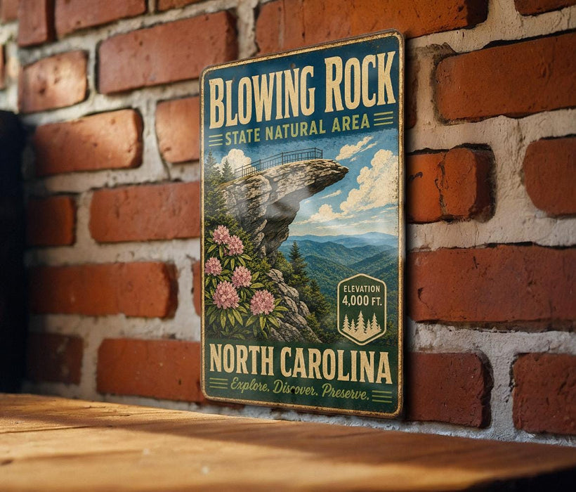 A vintage-style metal sign for the Blowing Rock State Natural Area in North Carolina, featuring a scenic illustration of the rock formation and surrounding landscape.