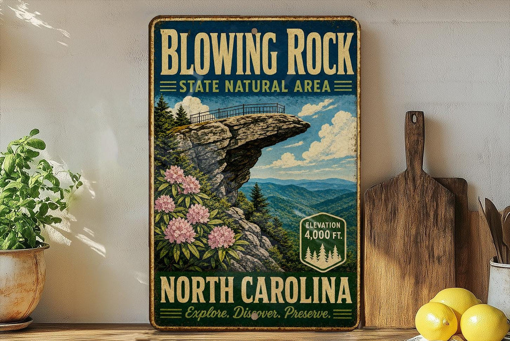 A vintage-style metal sign for Blowing Rock State Natural Area in North Carolina, featuring a scenic mountain landscape with a cliff and flowers.