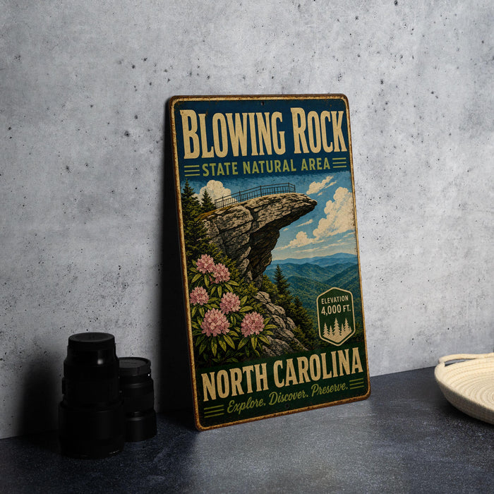 A vintage-style metal sign for Blowing Rock State Natural Area in North Carolina, featuring a scenic illustration of a cliff with pink flowers and mountains in the background.