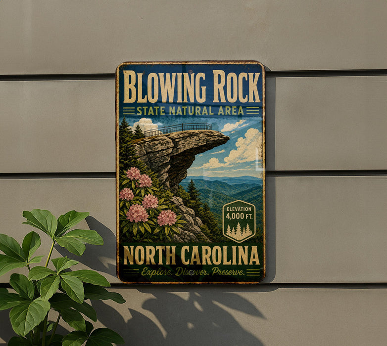 A vintage-style metal sign for Blowing Rock State Natural Area in North Carolina, featuring a scenic mountain landscape with a cliff and pink flowers.