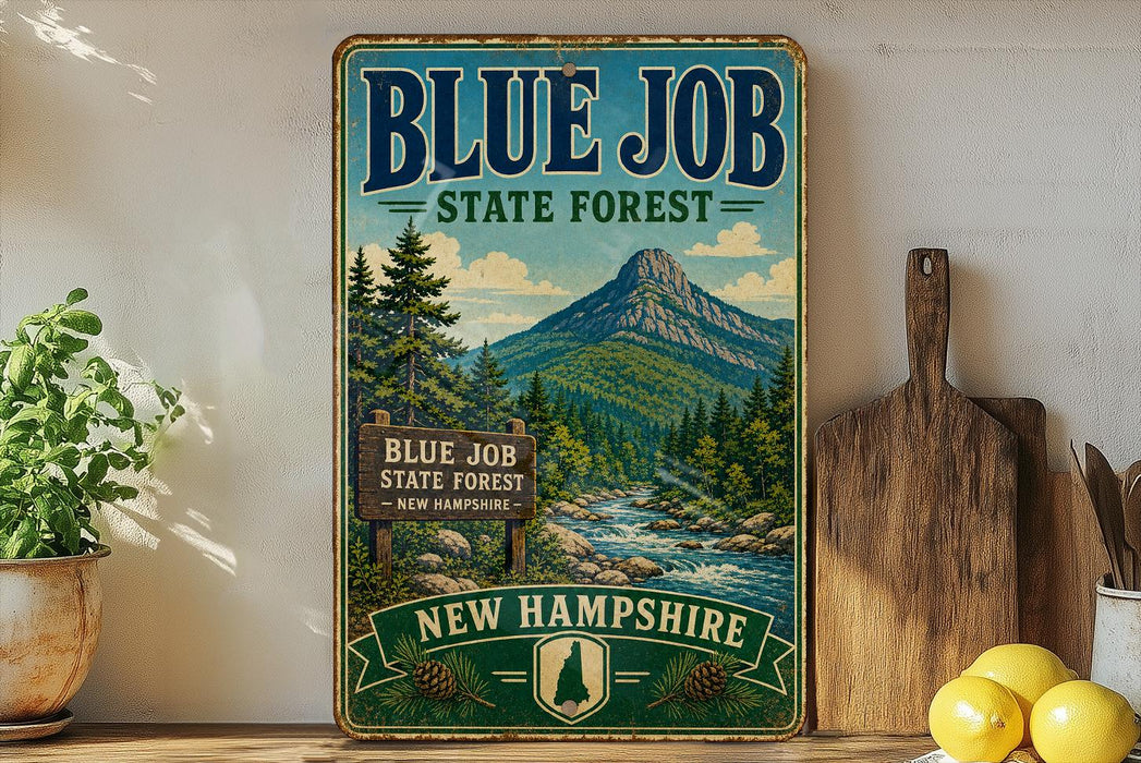 A vintage-style sign for the Blue Job State Forest in New Hampshire, featuring a mountain landscape and pine trees.