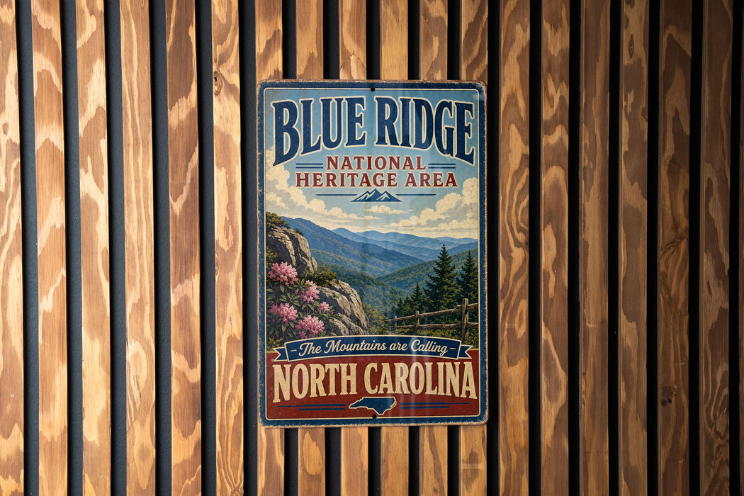 A vintage-style metal sign for Blue Ridge National Heritage Area, featuring a mountain landscape and pine trees, is displayed on a wooden wall.
