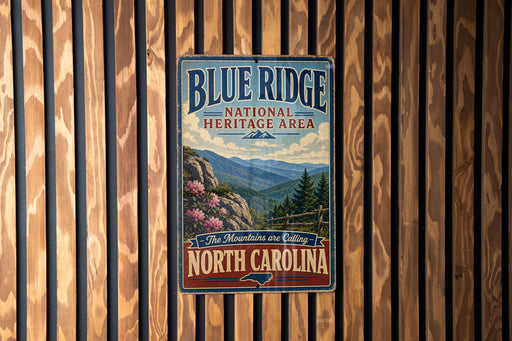 A vintage-style metal sign for Blue Ridge National Heritage Area, featuring a mountain landscape and pine trees, is displayed on a wooden wall.