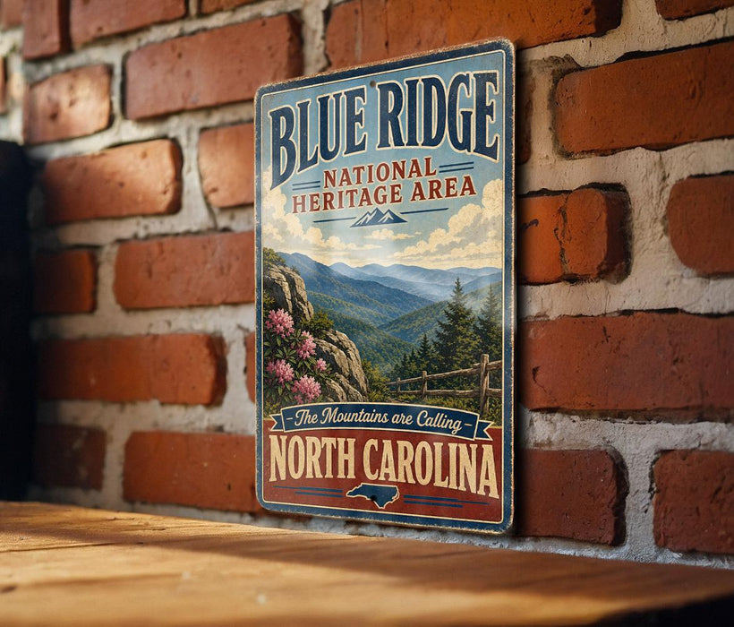 A vintage-style metal sign for the Blue Ridge National Heritage Area in North Carolina, featuring a scenic mountain landscape with pine trees and pink flowers.