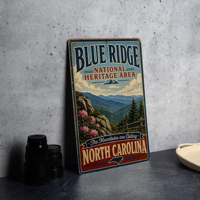 A vintage-style sign for the Blue Ridge National Heritage Area in North Carolina, featuring a mountain landscape and the text "The mountains are calling North Carolina".