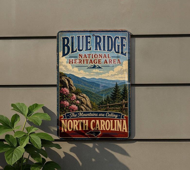 A vintage-style metal sign for Blue Ridge National Heritage Area, featuring a scenic mountain landscape with pine trees and wildflowers.