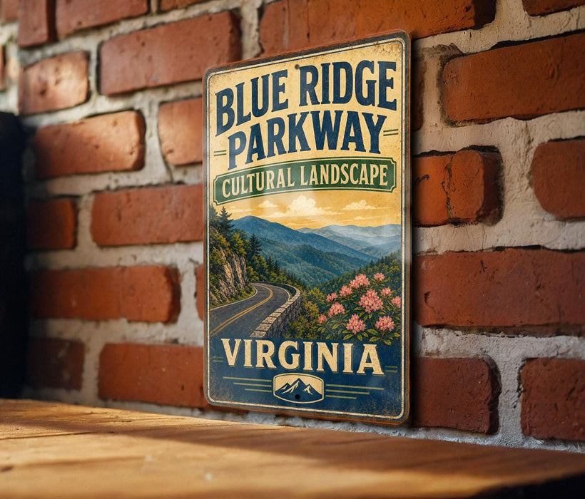 A vintage-style metal sign for the Blue Ridge Parkway in Virginia, featuring a scenic mountain landscape with a winding road and colorful flowers.