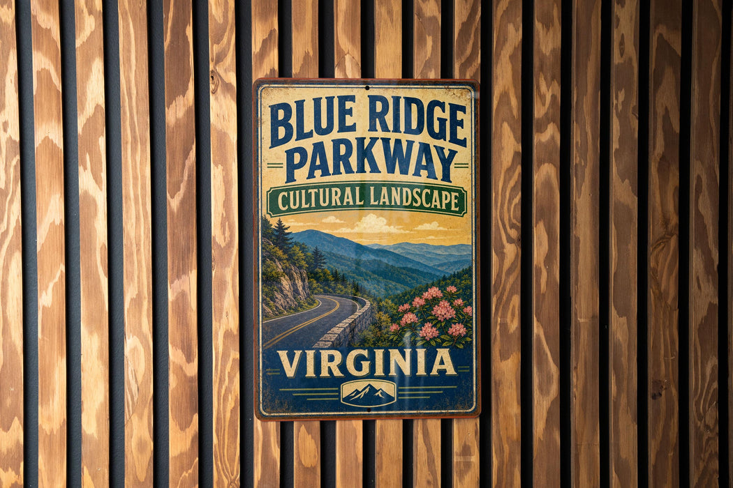 A vintage-style metal sign for Blue Ridge Parkway, featuring a scenic mountain landscape with a winding road and flowers.