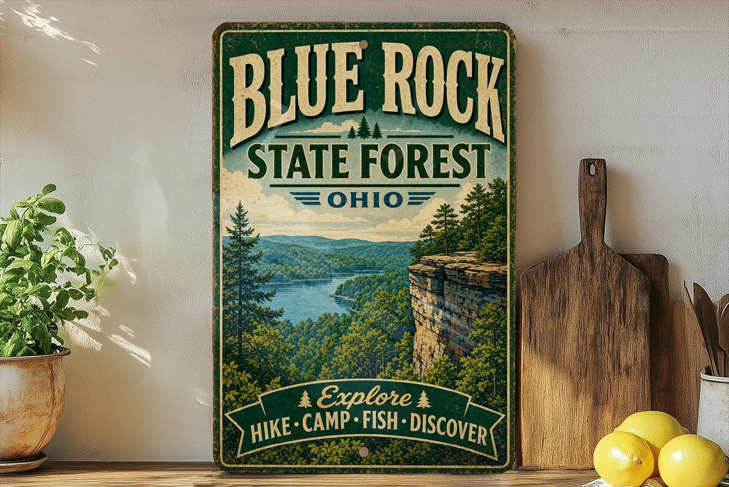 A vintage-style metal sign for Blue Rock State Forest in Ohio, featuring a scenic landscape with a cliff overlooking a lake.