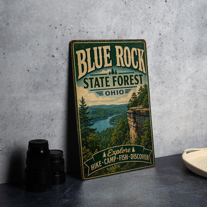 A vintage-style metal sign for Blue Rock State Forest, Ohio, featuring a scenic landscape with a lake and mountains.