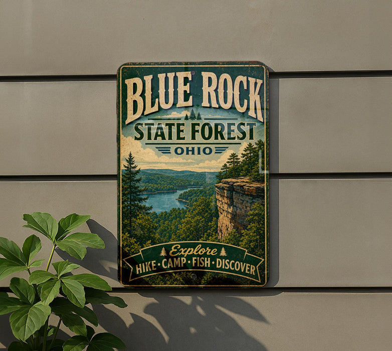 A vintage-style metal sign for Blue Rock State Forest in Ohio, featuring a scenic landscape with a river, cliffs, and trees.