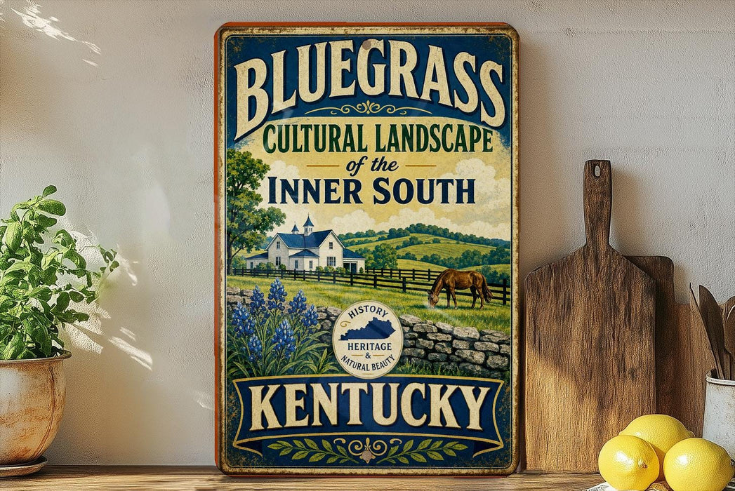 A vintage-style sign advertising the Bluegrass Cultural Landscape of the Inner South in Kentucky, featuring a farm scene with a horse and blue flowers.
