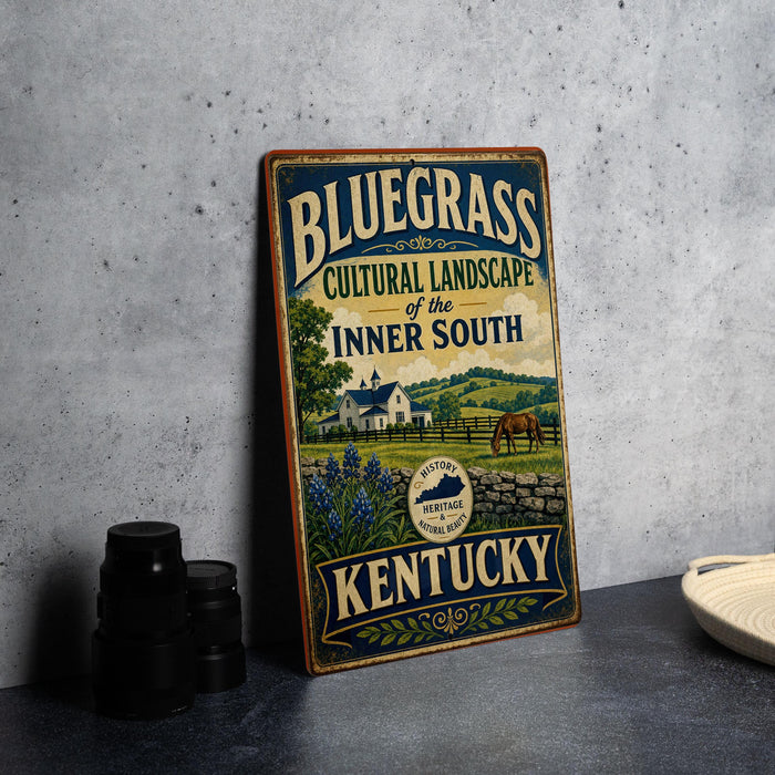 A vintage-style sign for the Bluegrass Cultural Landscape of the Inner South in Kentucky, featuring a horse and a rural landscape.