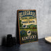 A vintage-style sign for the Bluegrass Cultural Landscape of the Inner South in Kentucky, featuring a horse and a rural landscape.