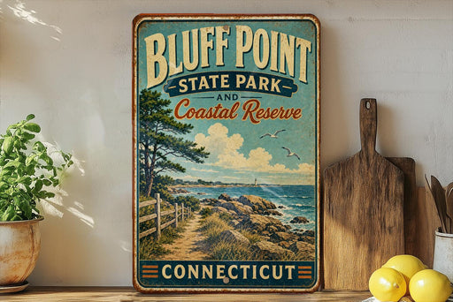 A vintage-style sign for Bluff Point State Park and Coastal Reserve in Connecticut, featuring a scenic coastal landscape with a path leading to the beach.