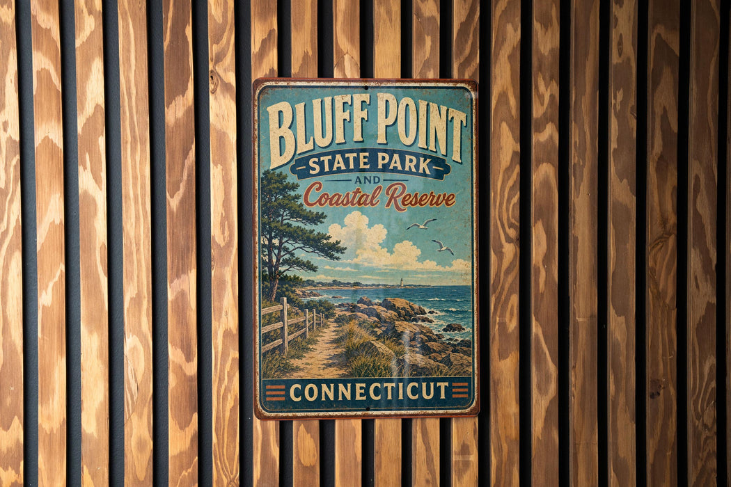 A vintage-style metal sign for Bluff Point State Park and Coastal Reserve in Connecticut, featuring a scenic coastal landscape with a path leading to a beach.