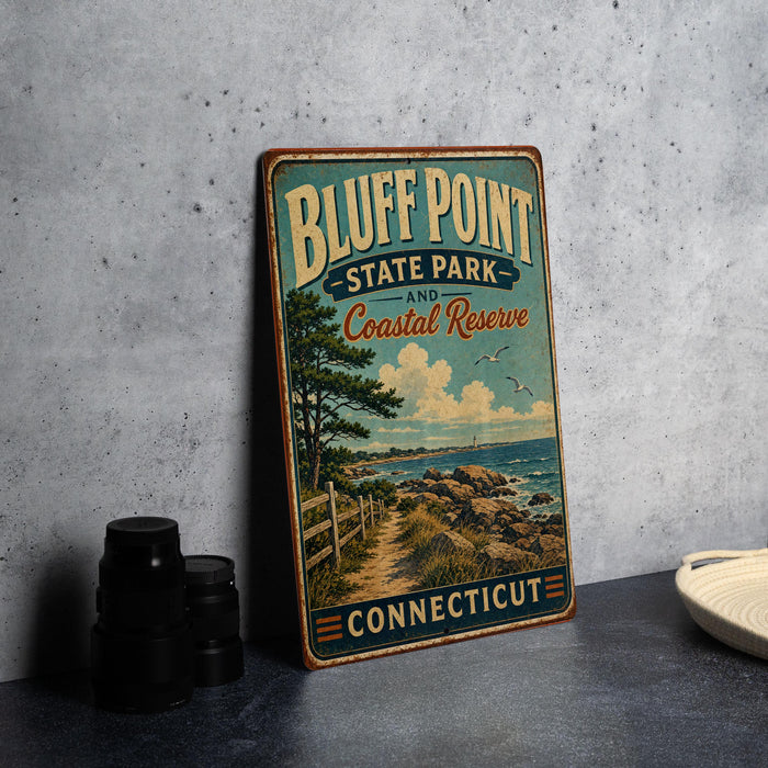A vintage-style metal sign for Bluff Point State Park and Coastal Reserve in Connecticut, featuring a scenic coastal landscape with a path leading to the beach.