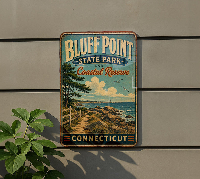 A vintage-style sign for Bluff Point State Park and Coastal Reserve in Connecticut, featuring a scenic coastal landscape with a path leading to the beach.