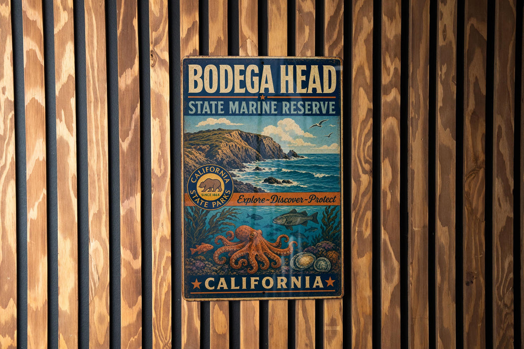 A vintage-style metal sign for the Bodega Head State Marine Reserve in California, featuring an illustration of a rocky coastline, ocean, and marine life.