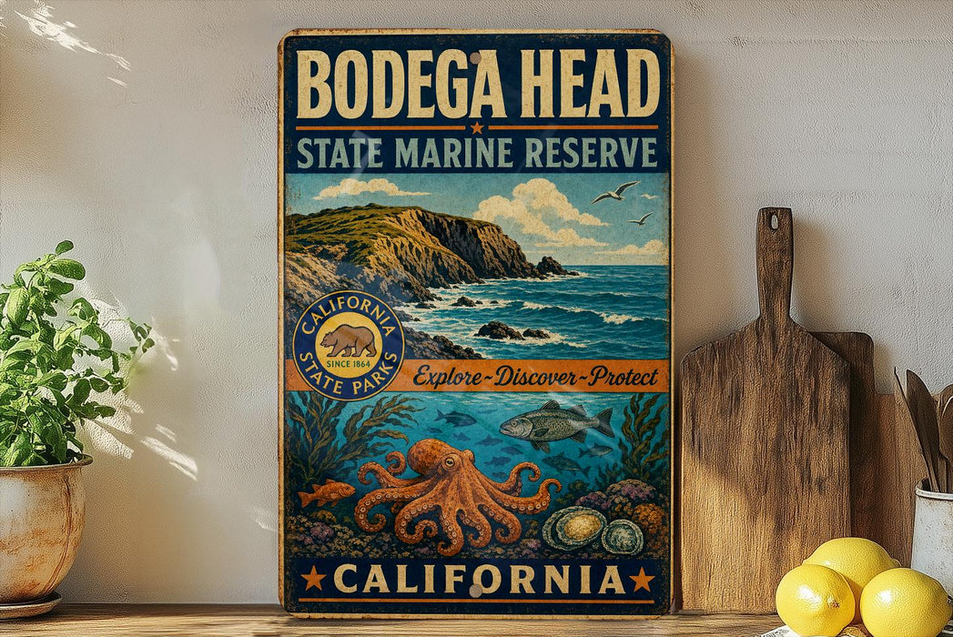 A vintage-style sign for Bodega Head State Marine Reserve in California, featuring an illustration of a rocky coastline, ocean, and marine life.