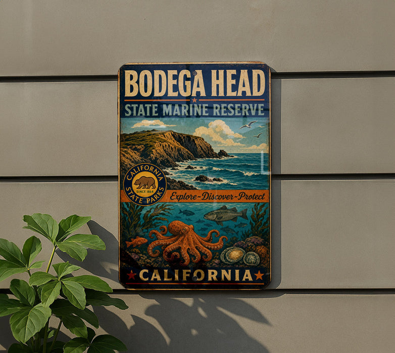 A vintage-style metal sign for Bodega Head State Marine Reserve in California, featuring an illustration of a rocky coastline, ocean, and marine life.