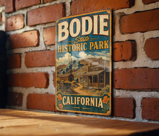 A vintage-style metal sign for Bodie State Historic Park in California, featuring an illustration of a small building and a horse-drawn carriage.