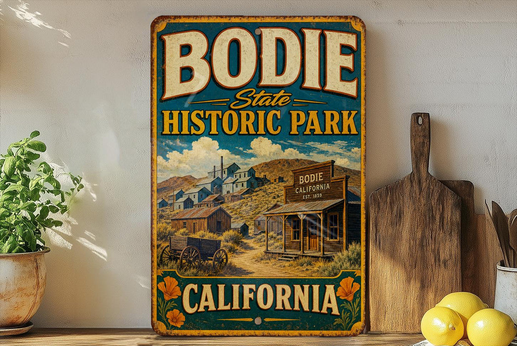 A vintage-style metal sign for Bodie State Historic Park in California, featuring a scenic illustration of a small town with a wooden building and a sign that reads "Bode California".